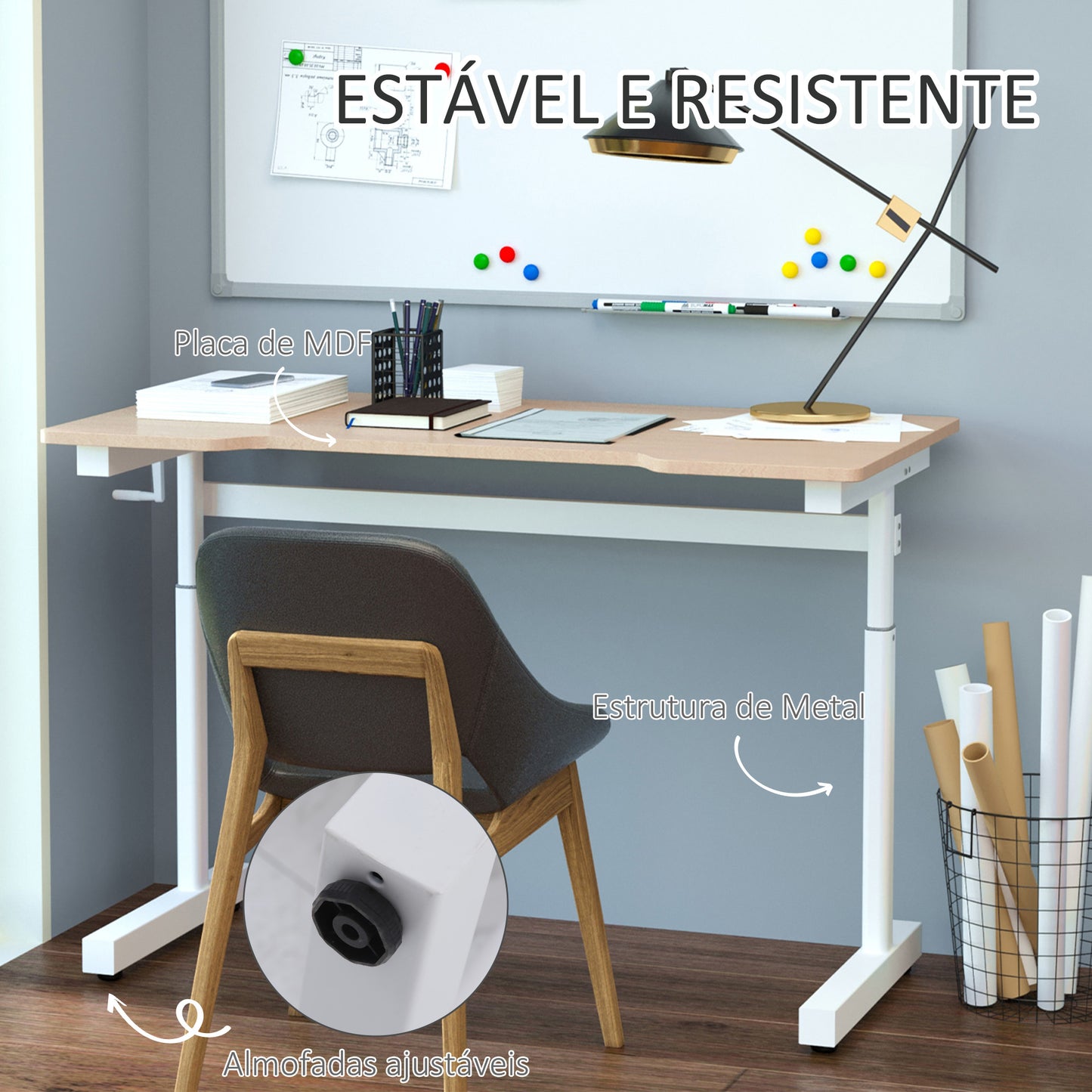 Vinsetto Secretária de Pé com Altura Ajustável a Manivela e Bancada de Carbono Secretária Elevatória para Escritório Estúdio Sala de Estar Carga Máxima 150kg 120x60x72-117cm Madeira e Branco