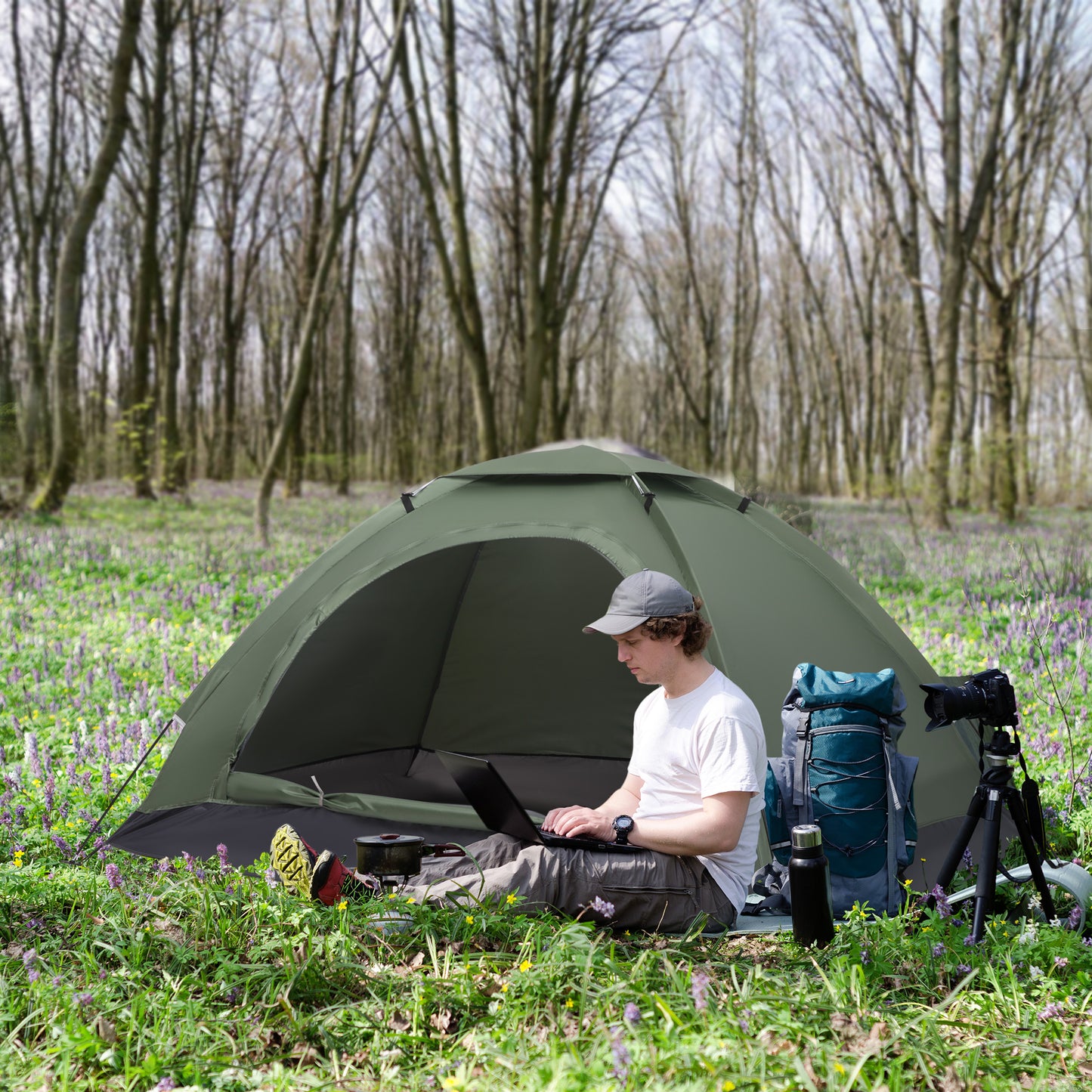 Outsunny Tenda de Campismo para 2 Pessoas Tenda de Campismo Dobrável com 2 Janelas de Malha Bolso Interior Bolsa de Transporte e Estrutura de Fibra de Vidro 206x152x110 cm Verde