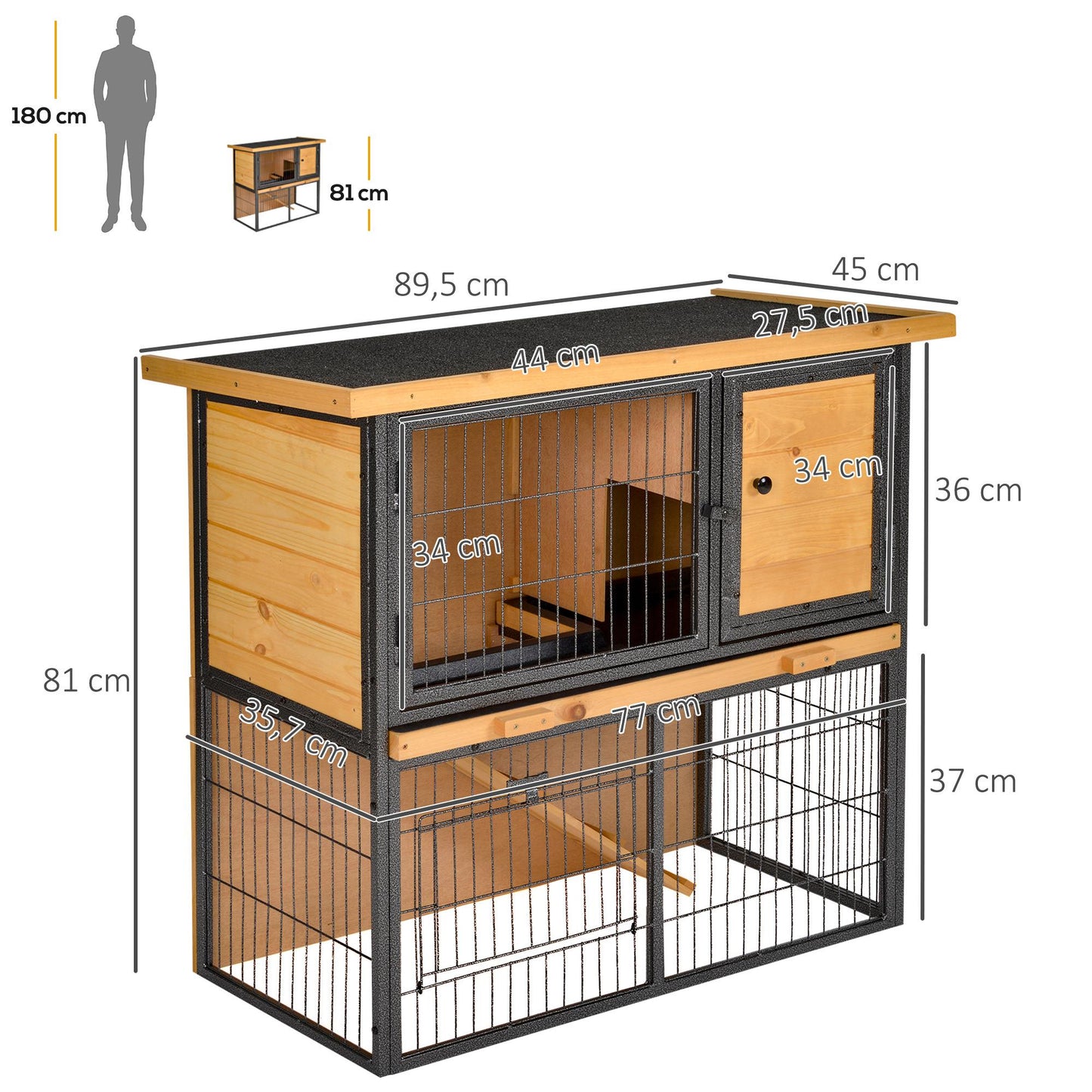 PawHut Coelheira de Exterior de Madeira para Animais Pequenos 2 Níveis com Rampa Bandeja Removível Portas com Fechaduras 89,5x45x81 cm Madeira e Cinza