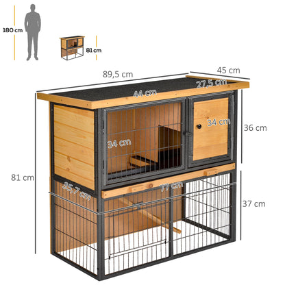 PawHut Coelheira de Exterior de Madeira para Animais Pequenos 2 Níveis com Rampa Bandeja Removível Portas com Fechaduras 89,5x45x81 cm Madeira e Cinza