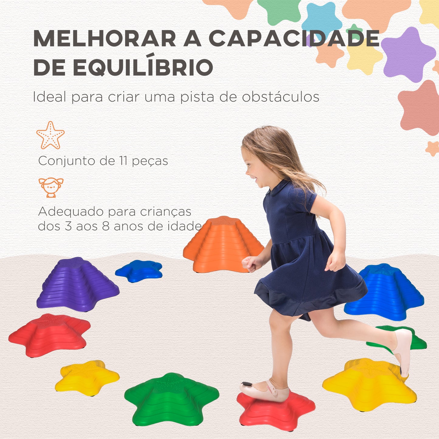 Outsunny Jogo de Equilíbrio para Crianças Empilháveis Blocos de Equilíbrio Antiderrapantes Forma de Estrela do Mar 11 Peças para Coordenação e Desemvolvimento do Equilíbrio Interior Exterior Multicor