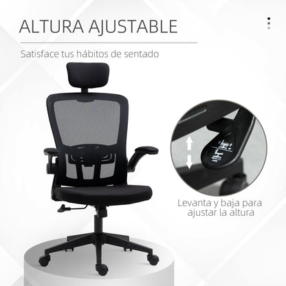 Vinsetto Cadeira de Escritório de Malha Ergonómica Cadeira de Escritório com Altura Ajustável Apoio para os Braços Dobrável Apoio para a Cabeça e Suporte Lombar Ajustáveis 65x64x114-122cm Preto