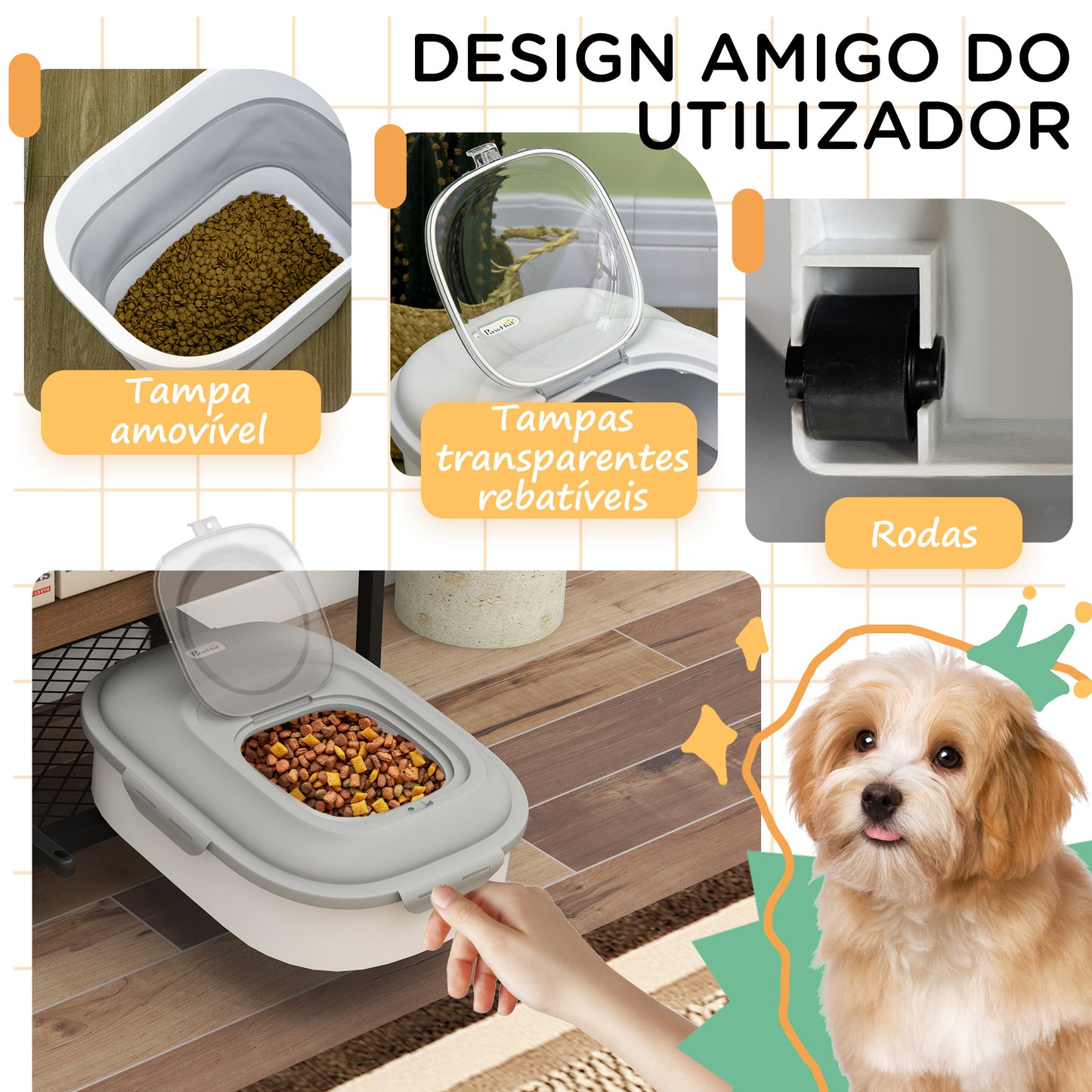 PawHut Recipiente de alimentação dobrável de 25l, recipiente de comida para cães com rodas, copo de medição, tigela dobrável e colher, recipiente de comida para animais de estimação, gatos, cinza