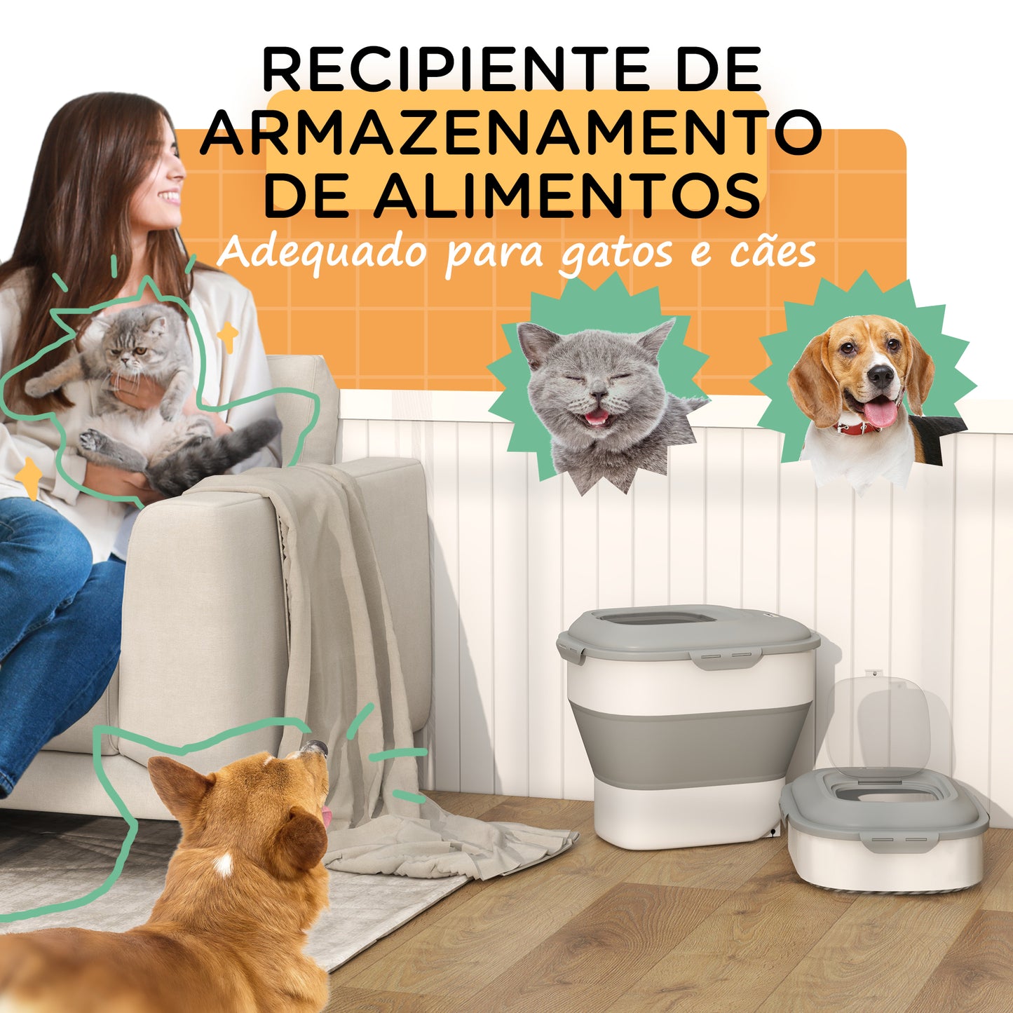 PawHut Recipiente de alimentação dobrável de 25l, recipiente de comida para cães com rodas, copo de medição, tigela dobrável e colher, recipiente de comida para animais de estimação, gatos, cinza