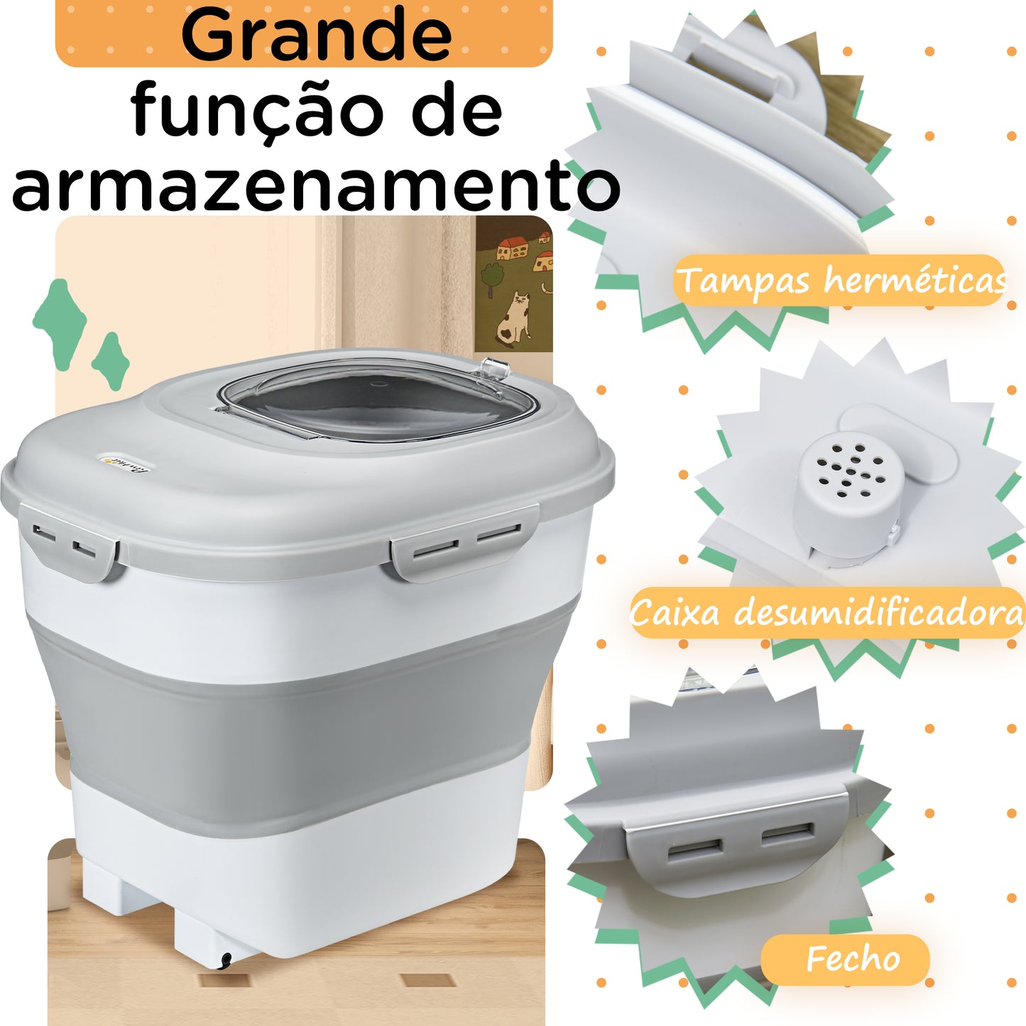 PawHut Recipiente de alimentação dobrável de 25l, recipiente de comida para cães com rodas, copo de medição, tigela dobrável e colher, recipiente de comida para animais de estimação, gatos, cinza