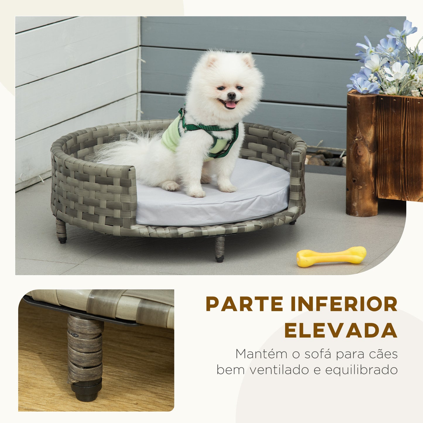 PawHut Sofá Cama para Cães e Gatos de Vime PE Cama Elevada Redonda para Animais de Estimação com Almofada Suave Lavável para Interior e Exterior 60x60x20cm Cinza