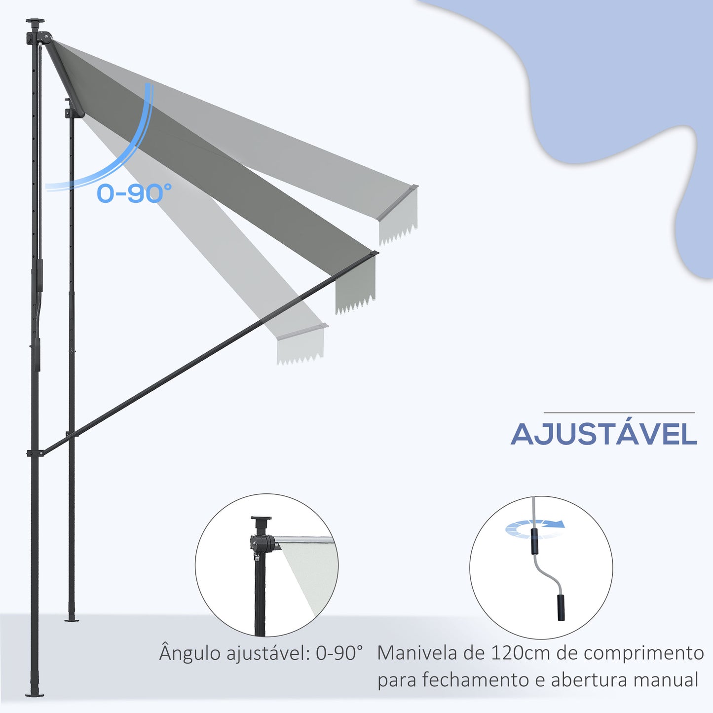 Outsunny Toldo Manual Retrátil 300x170x200-290cm Toldo Ajustável com Manivela Proteção Solar UV40+ para Varanda Jardim Cinza