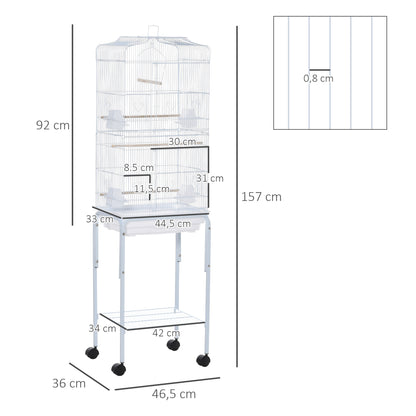 PawHut Gaiola para Passáros com Suporte Gaiola Metálica de Aves Canários com 4 Rodas Portas 4 Comedouros 3 Poleiros Bandeja Removível e Prateleira Inferior 46,5x36x157cm Branco