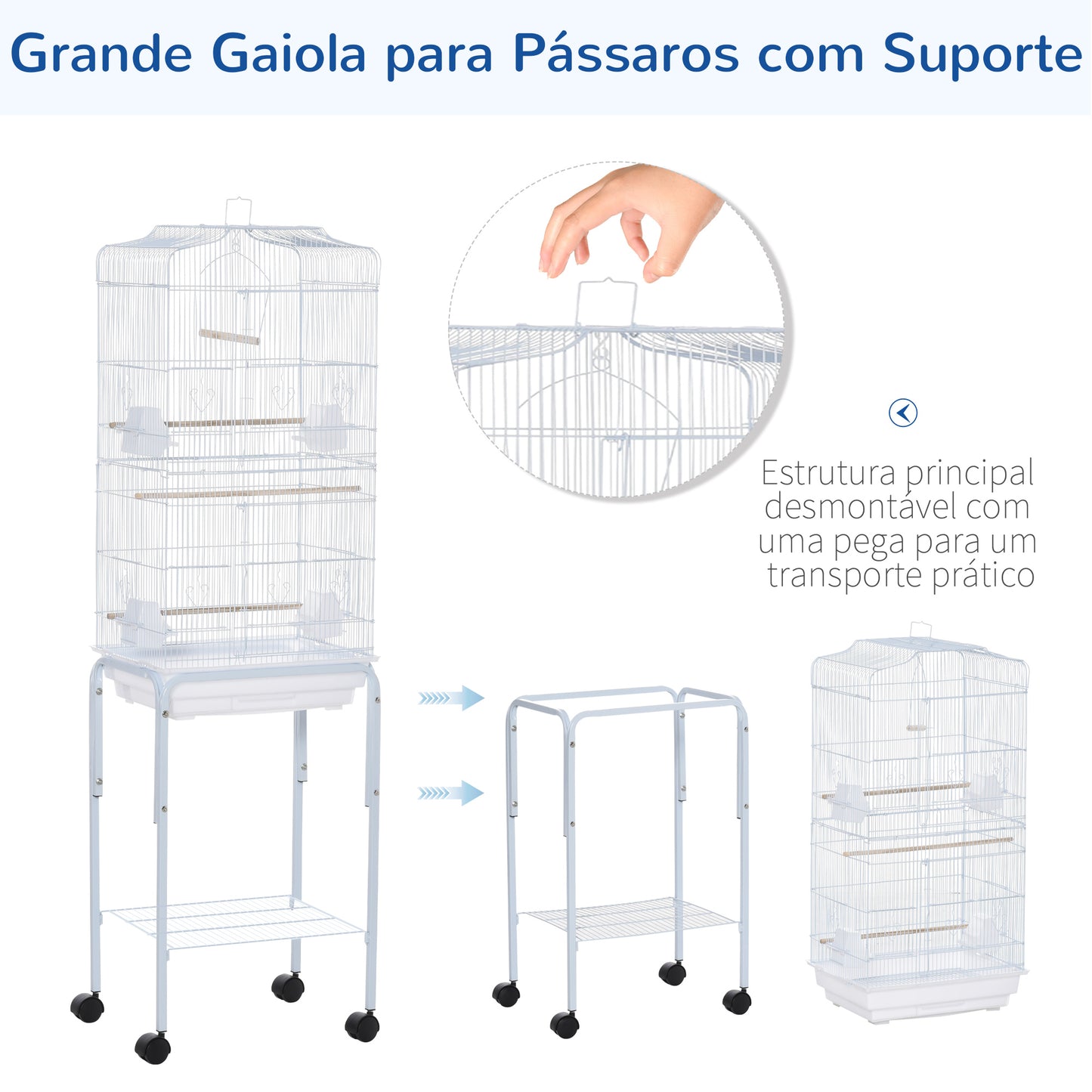 PawHut Gaiola para Passáros com Suporte Gaiola Metálica de Aves Canários com 4 Rodas Portas 4 Comedouros 3 Poleiros Bandeja Removível e Prateleira Inferior 46,5x36x157cm Branco