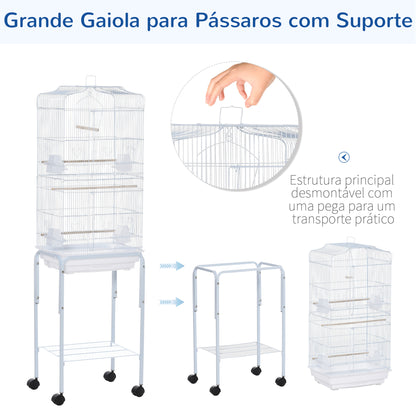 PawHut Gaiola para Passáros com Suporte Gaiola Metálica de Aves Canários com 4 Rodas Portas 4 Comedouros 3 Poleiros Bandeja Removível e Prateleira Inferior 46,5x36x157cm Branco