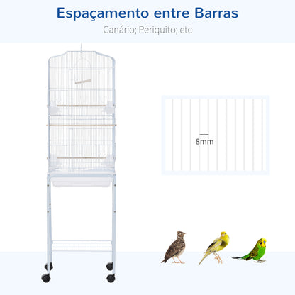 PawHut Gaiola para Passáros com Suporte Gaiola Metálica de Aves Canários com 4 Rodas Portas 4 Comedouros 3 Poleiros Bandeja Removível e Prateleira Inferior 46,5x36x157cm Branco