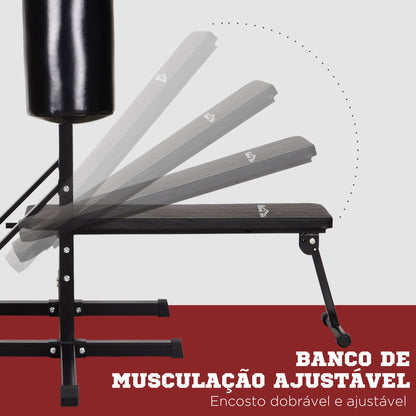 HOMCOM Estação de Musculação Dip com Banco de Pesos Reclinável Saco de Boxe e Barra de Elevação Torre de Treinamento Fitness 180x183x219cm Preto