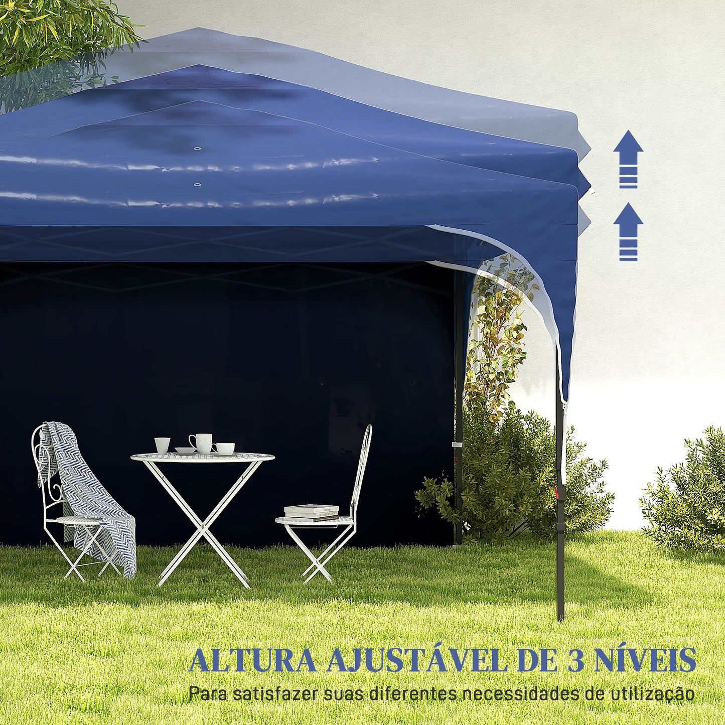 Outsunny Tenda Dobrável 3x3m com Altura Ajustável Tenda de Jardim com 1 Parede Lateral Teto com Ventilação 4 Sacos de Areia e Bolsa de Transporte para Campismo Festas Azul