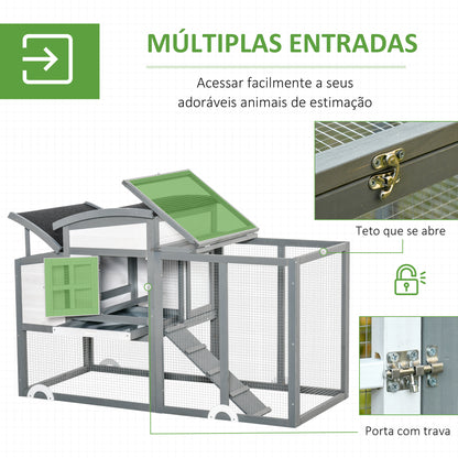 PawHut Galinheiro de Madeira para Exterior Gaiola para 1-2 Galinhas com Caixa Ninho Cercado de Arame Teto Asfáltico Bandeja Removível e Rampa 140x67x88,5cm Cinza