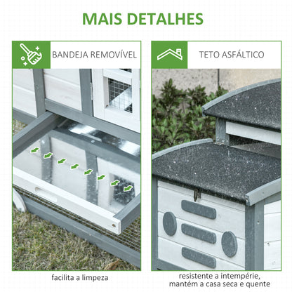 PawHut Galinheiro de Madeira para Exterior Gaiola para 1-2 Galinhas com Caixa Ninho Cercado de Arame Teto Asfáltico Bandeja Removível e Rampa 140x67x88,5cm Cinza