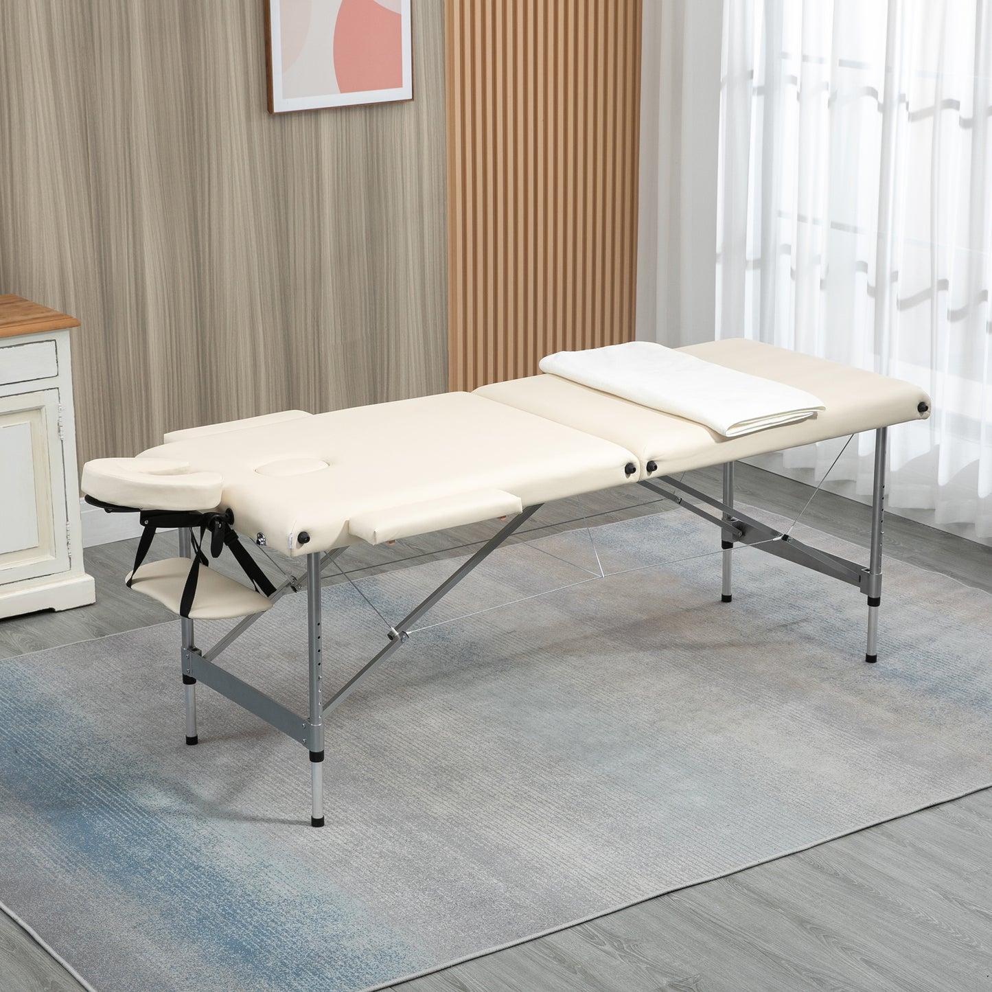 HOMCOM Marquesa Dobrável Mesa de Massagem Portátil com Altura Ajustável em 7 Posições Apoio para a Cabeça e Estrutura de Liga de Alumínio para Fisioterapia Carga 130kg 186x71x62-83cm Bege