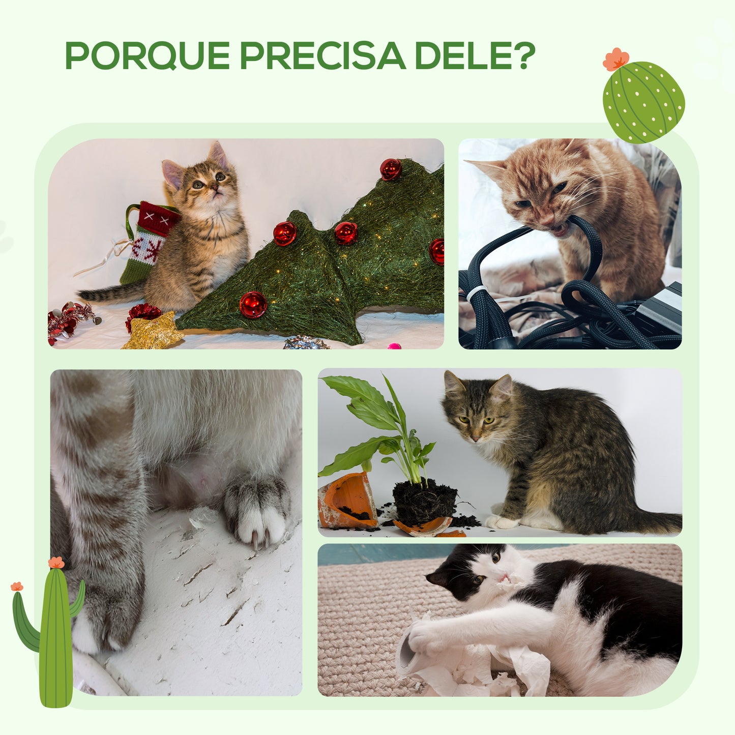 PawHut Árvore Arranhador para Gatos com Forma de Cacto Altura 90cm Torre para Gatos com Rede Plataforma Postes de Sisal e Bola Divertida 45x45x90cm Verde