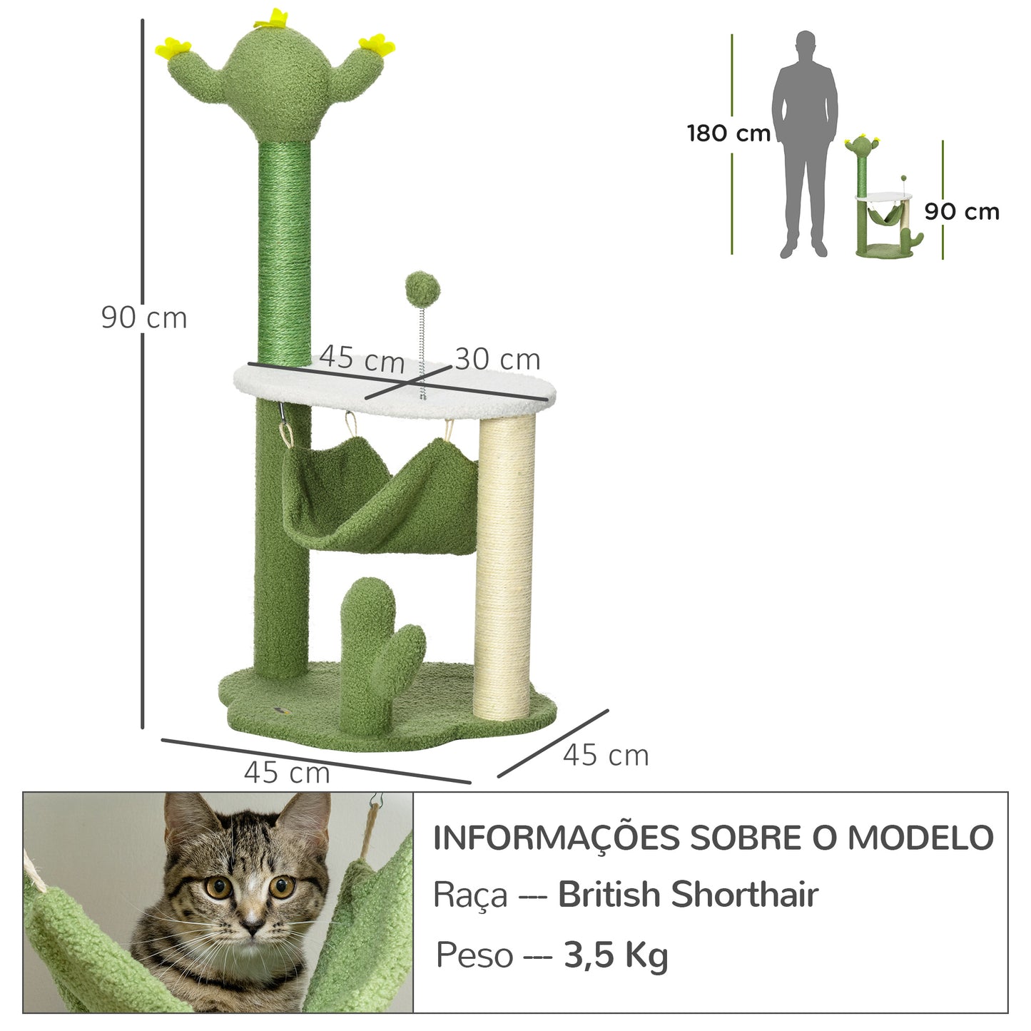 PawHut Árvore Arranhador para Gatos com Forma de Cacto Altura 90cm Torre para Gatos com Rede Plataforma Postes de Sisal e Bola Divertida 45x45x90cm Verde