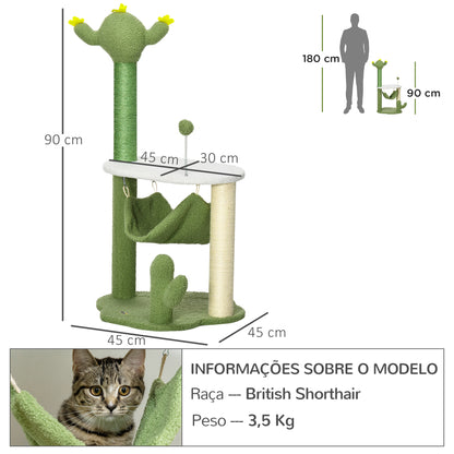 PawHut Árvore Arranhador para Gatos com Forma de Cacto Altura 90cm Torre para Gatos com Rede Plataforma Postes de Sisal e Bola Divertida 45x45x90cm Verde