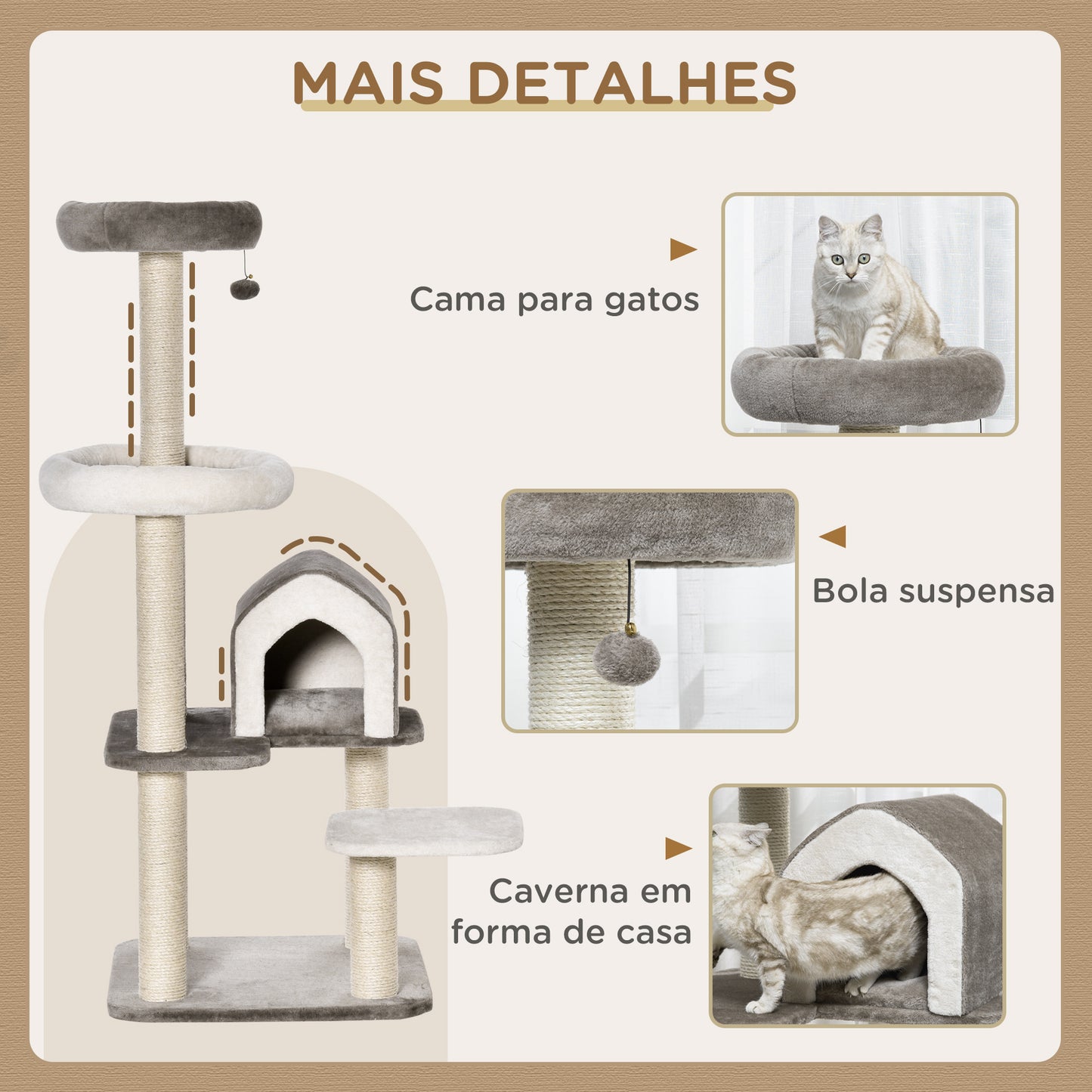 PawHut Árvore Arranhador para Gatos Grande Altura 149cm com Caverna Cama Superior Múltiplas Plataformas de Pelúcia Postes de Sisal e Bola de Brinquedo 60x60x149cm Marrom e Bege