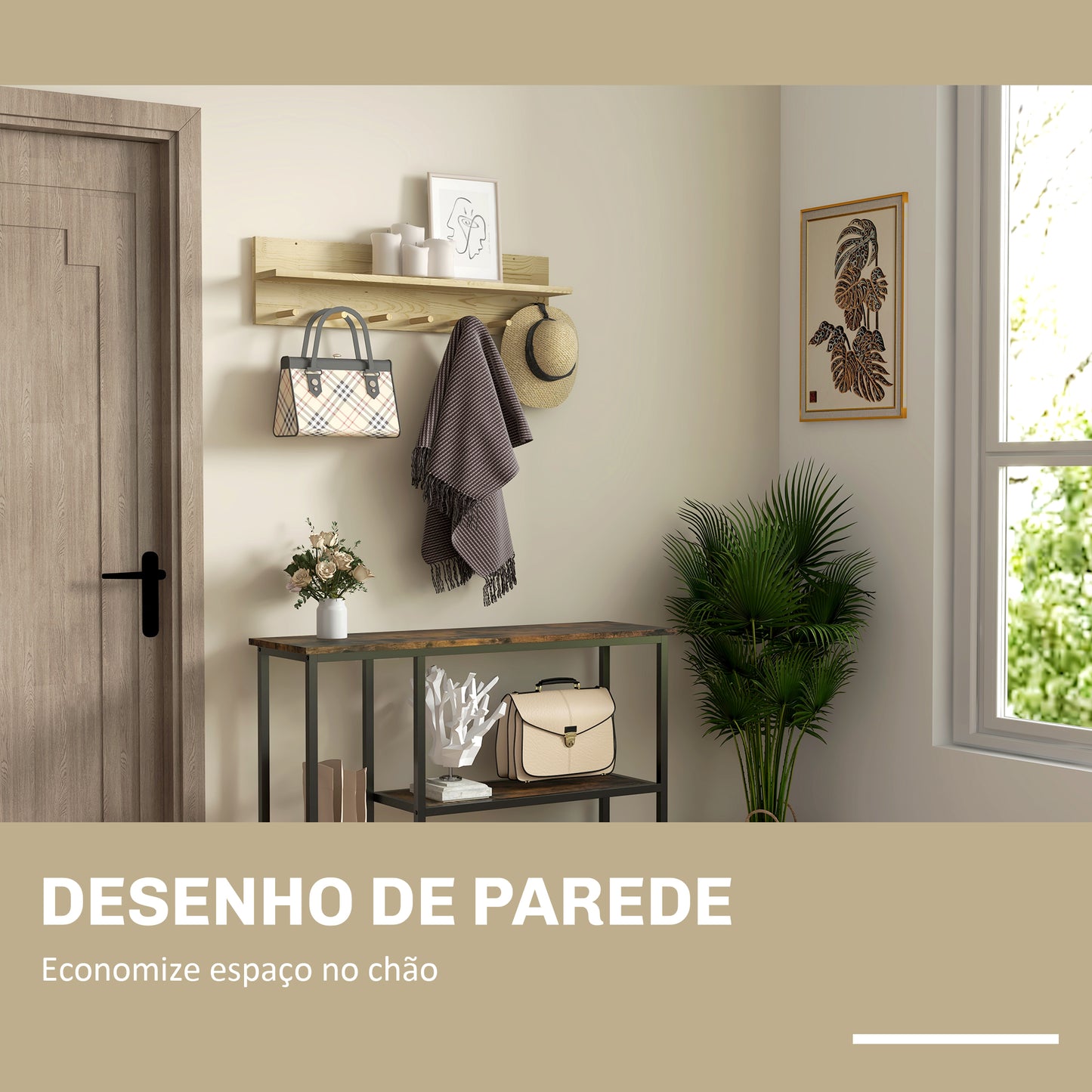 HOMCOM Móvel Cabide de Entrada com 7 Ganchos Prateleira de Armazenamento para Chaves Roupas Bolsas para Entrada Corredor Quarto 80x12x20 cm Natural