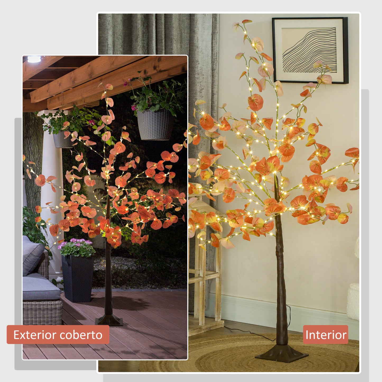 HOMCOM Árvore de Eucalipto Artificial 150 cm Árvore Artificial com 245 Luzes LED e Base Decoração para Interior e Exterior Laranja e Marrom