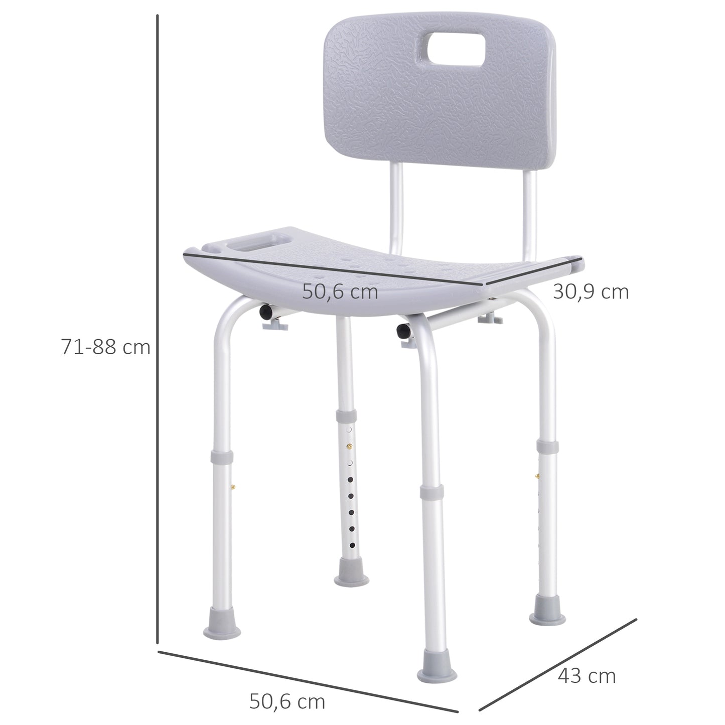 HOMCOM Cadeira para Duche Antiderrapante com Altura Ajustável em 8 Níveis Cadeira de Banho 50,6x43x71-88 cm Cinza