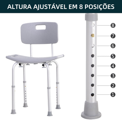 HOMCOM Cadeira para Duche Antiderrapante com Altura Ajustável em 8 Níveis Cadeira de Banho 50,6x43x71-88 cm Cinza