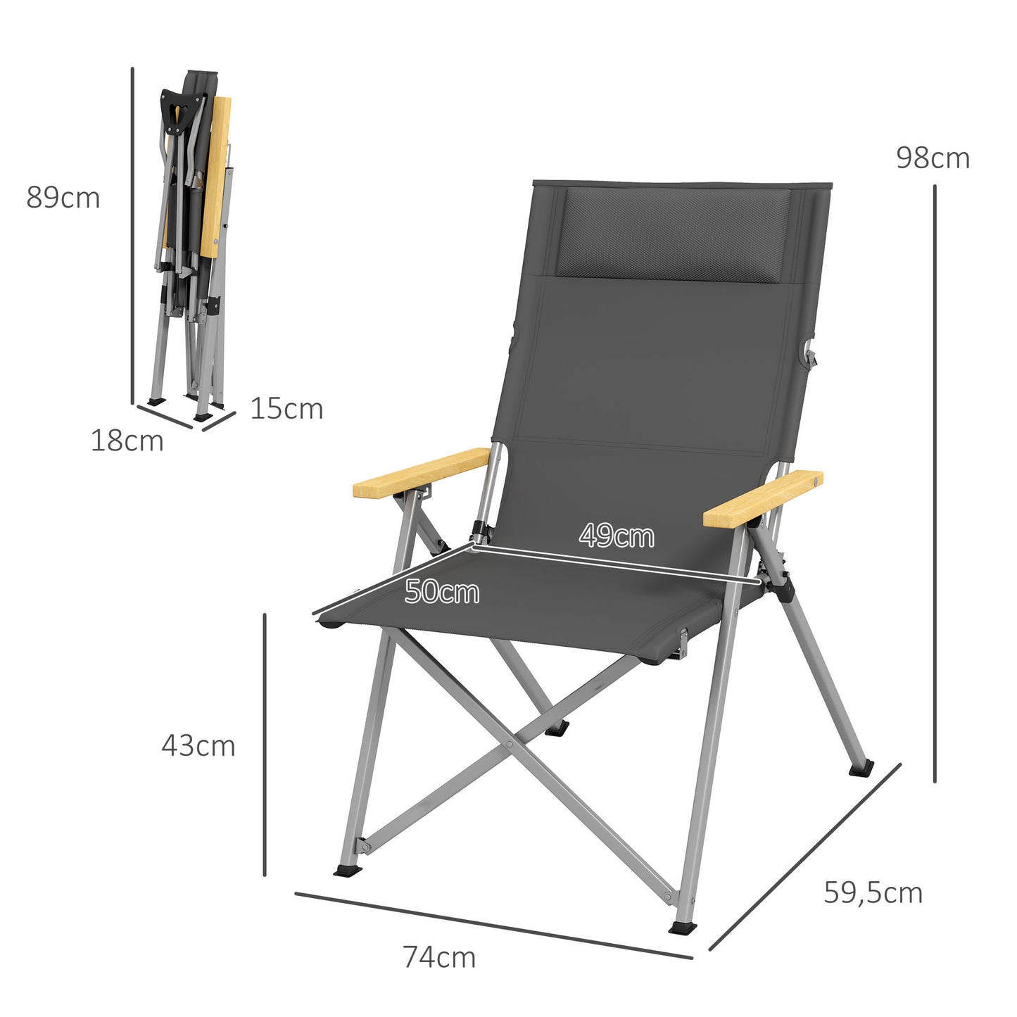 Outsunny Cadeira de Campismo Dobrável de Alumínio com Encosto Ajustável e Apoios de Braço de Madeira Cadeira de Jardim Portátil com Bolsa de Transporte para Piscina Praia 74x59,5x98 cm Cinza