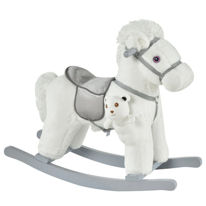 HOMCOM Cavalo Baloiço para Crianças de 18-36 Meses Cavalo de Balançar com Ursinho de Pelúcia Sons de Relinchos e Galopes base de Madeira 65x26x55cm Branco