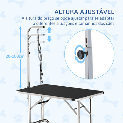 PawHut Mesa de Cabeleireiro para Animais de Estimação Mesa Sanitária Dobrável Aço, Alumínio, Chapa Anti-riscos e Borracha - 90x60x75 cm