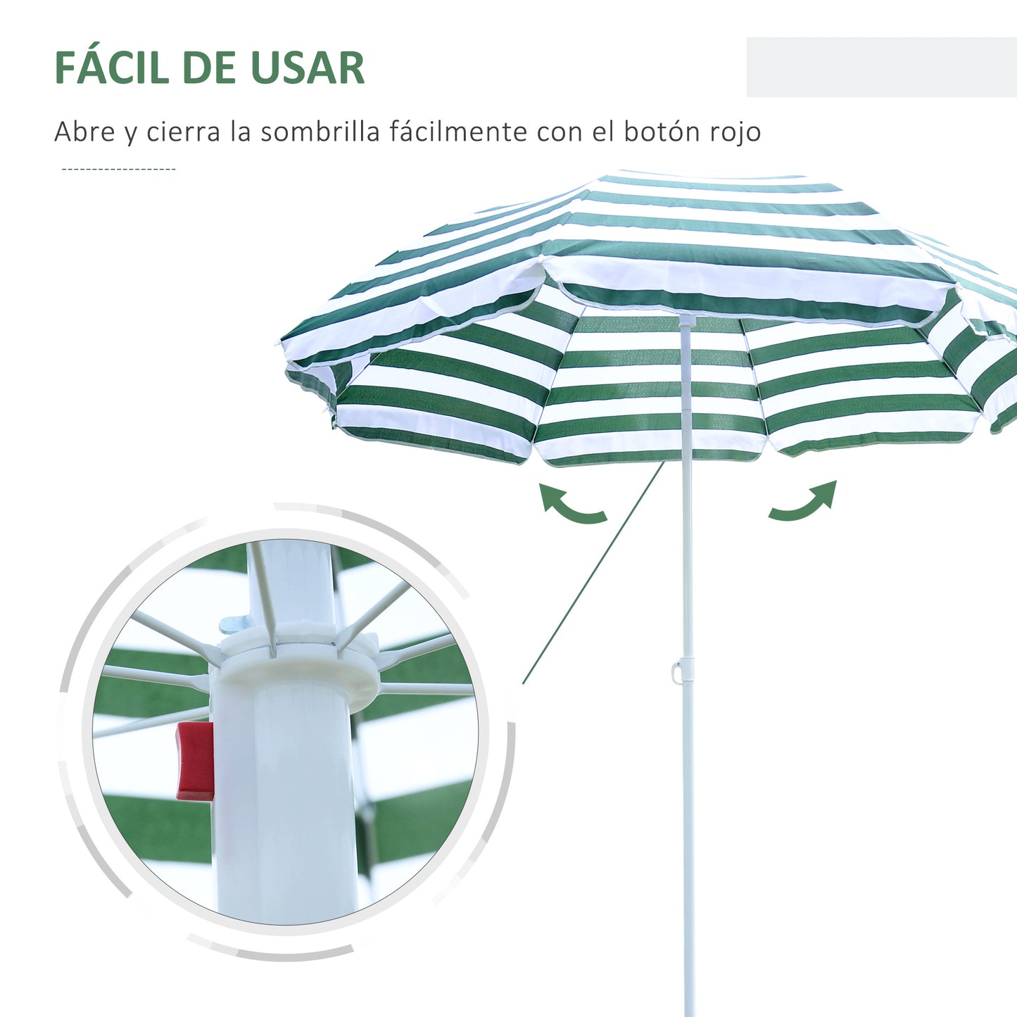 Outsunny Chapéu de Sol de Praia Ø180cm com Teto Inclinável e Mastro de Metal Proteção Solar para Jardim Terraço Exterior Listras Verdes e Branco