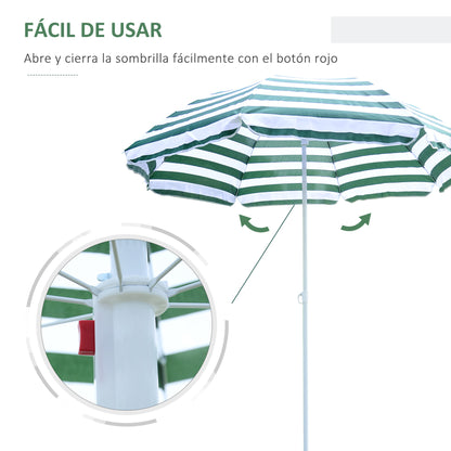 Outsunny Chapéu de Sol de Praia Ø180cm com Teto Inclinável e Mastro de Metal Proteção Solar para Jardim Terraço Exterior Listras Verdes e Branco