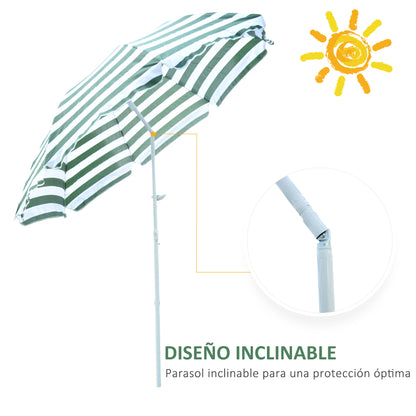 Outsunny Chapéu de Sol de Praia Ø180cm com Teto Inclinável e Mastro de Metal Proteção Solar para Jardim Terraço Exterior Listras Verdes e Branco