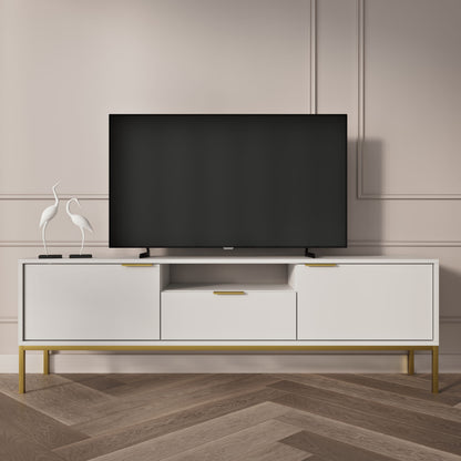 Móvel de TV "AUSTIN" de 2 Portas e 1 Gavetas - 40×175×33 cm - Branco e Dourado - Design Moderno