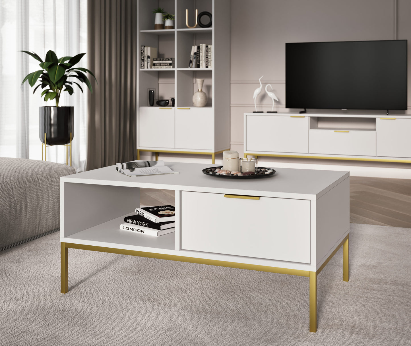 Mesa de Centro "AUSTIN" de 2 Gavetas - 45×100×60 cm - Branco e Dourado - Design Moderno