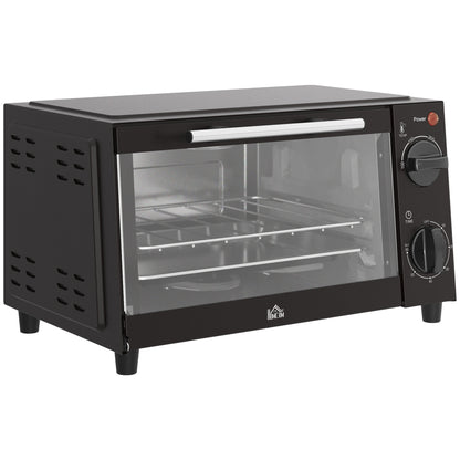 HOMCOM Mini Forno Elétrico 9L Forno Elétrico de Bancada 750W com Temperatura Ajustável até 230°C Temporizador 60 min e Bandeja para Assar Grelha 35x24,6x20 cm Preto