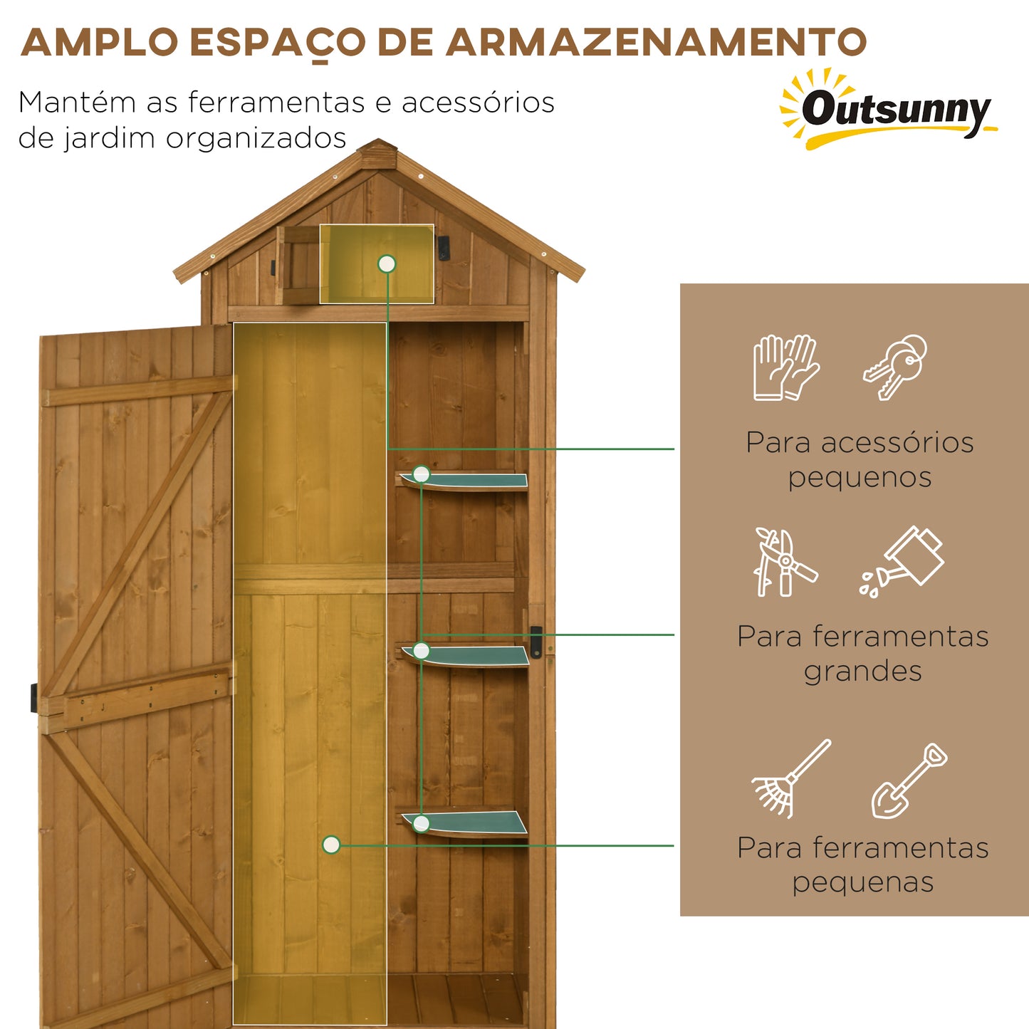 Outsunny Armário de Jardim de Madeira 77x54,2x179 cm 0,3 m² Armário de Armazenamento de Ferramentas com 3 Prateleiras e 2 Portas com Fechadura para Pátio Varanda Madeira e Verde