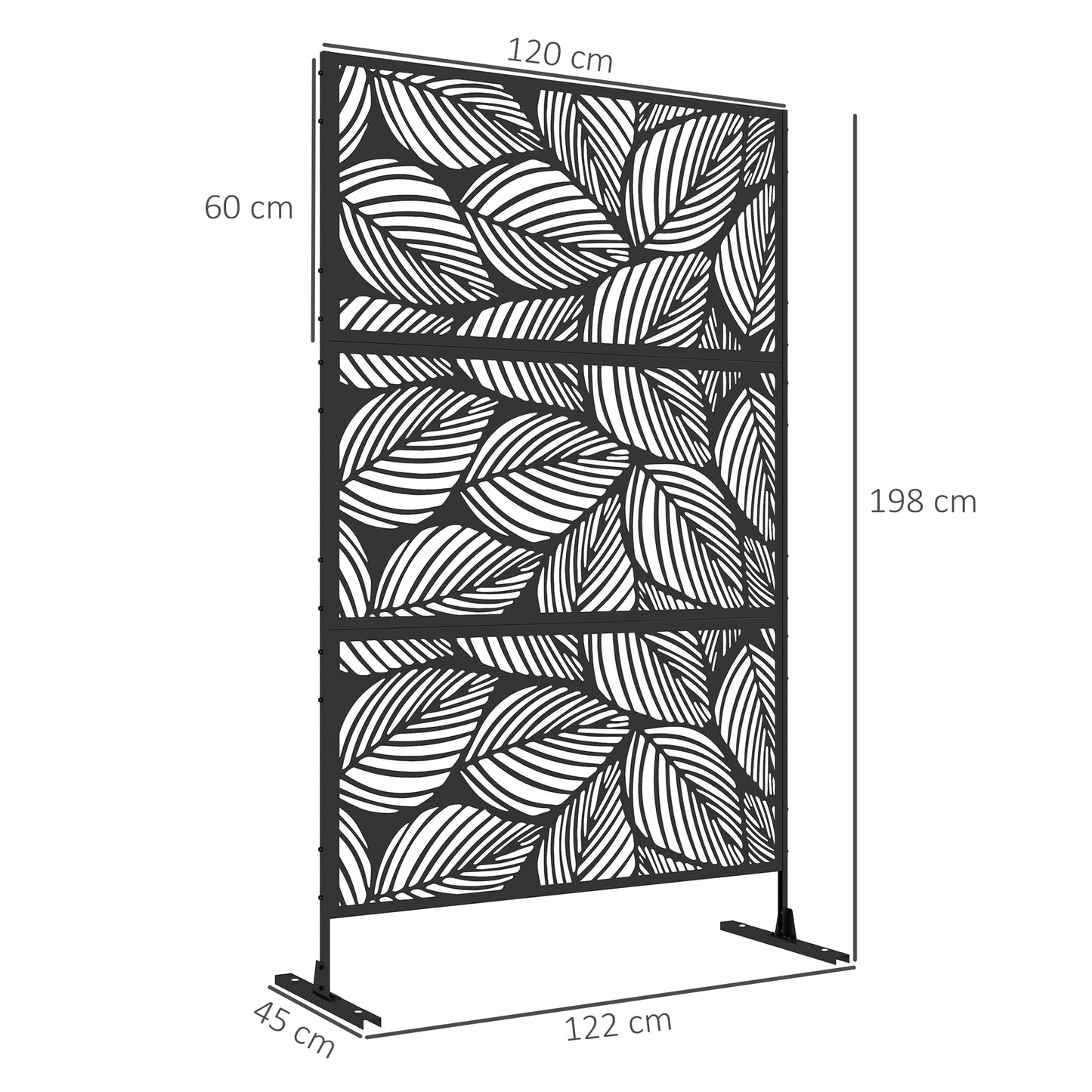 Outsunny Biombo de Exterior Separador de Ambientes com 3 Peças com Padrão de Flores Grande e Estrutura de Aço Ecrã de Privacidade para Pátio Varanda Jardim 122x45x198 cm Preto