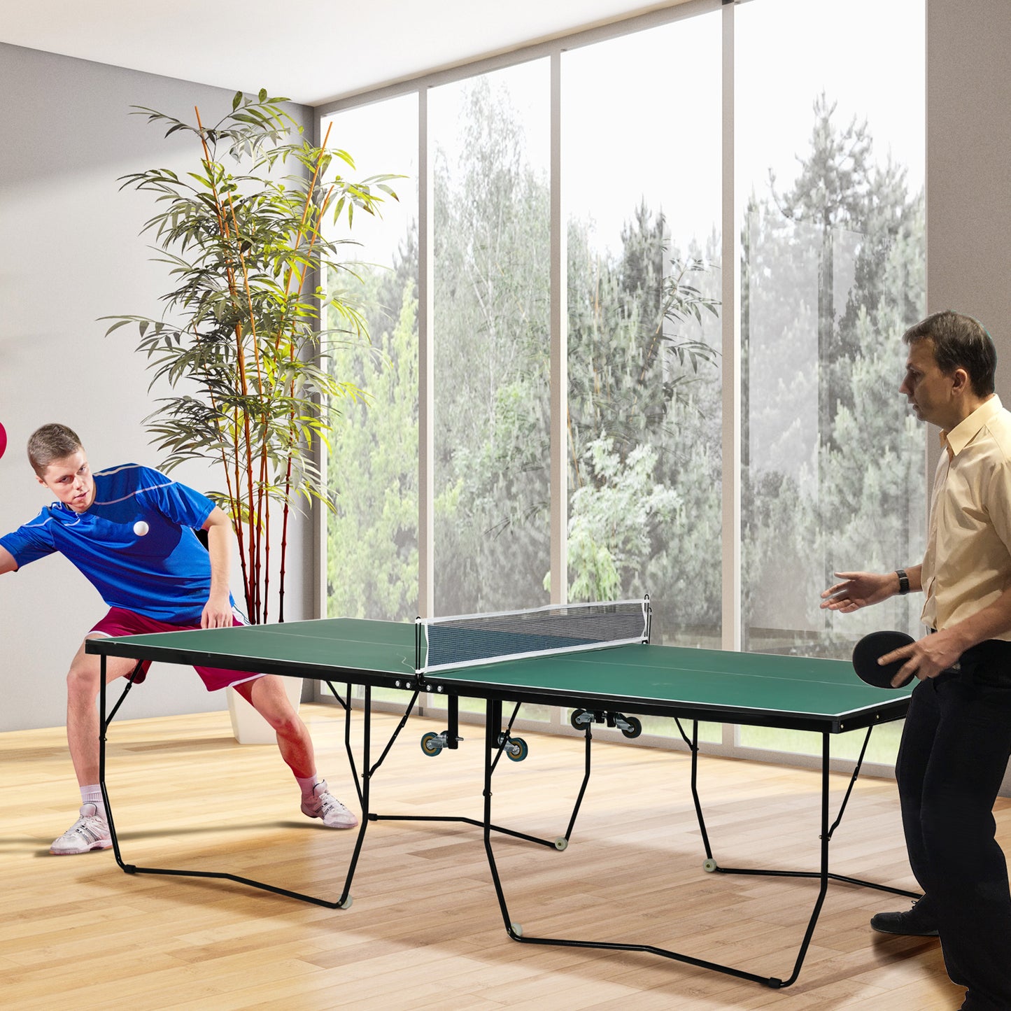 SPORTNOW Mesa de Ping Pong Dobrável para Interiores e Exteriores Mesa de Ping Pong Profissional Tamanho Padrão com Rede Raquetes e 3 Bolas 274x152,5x76 cm Verde