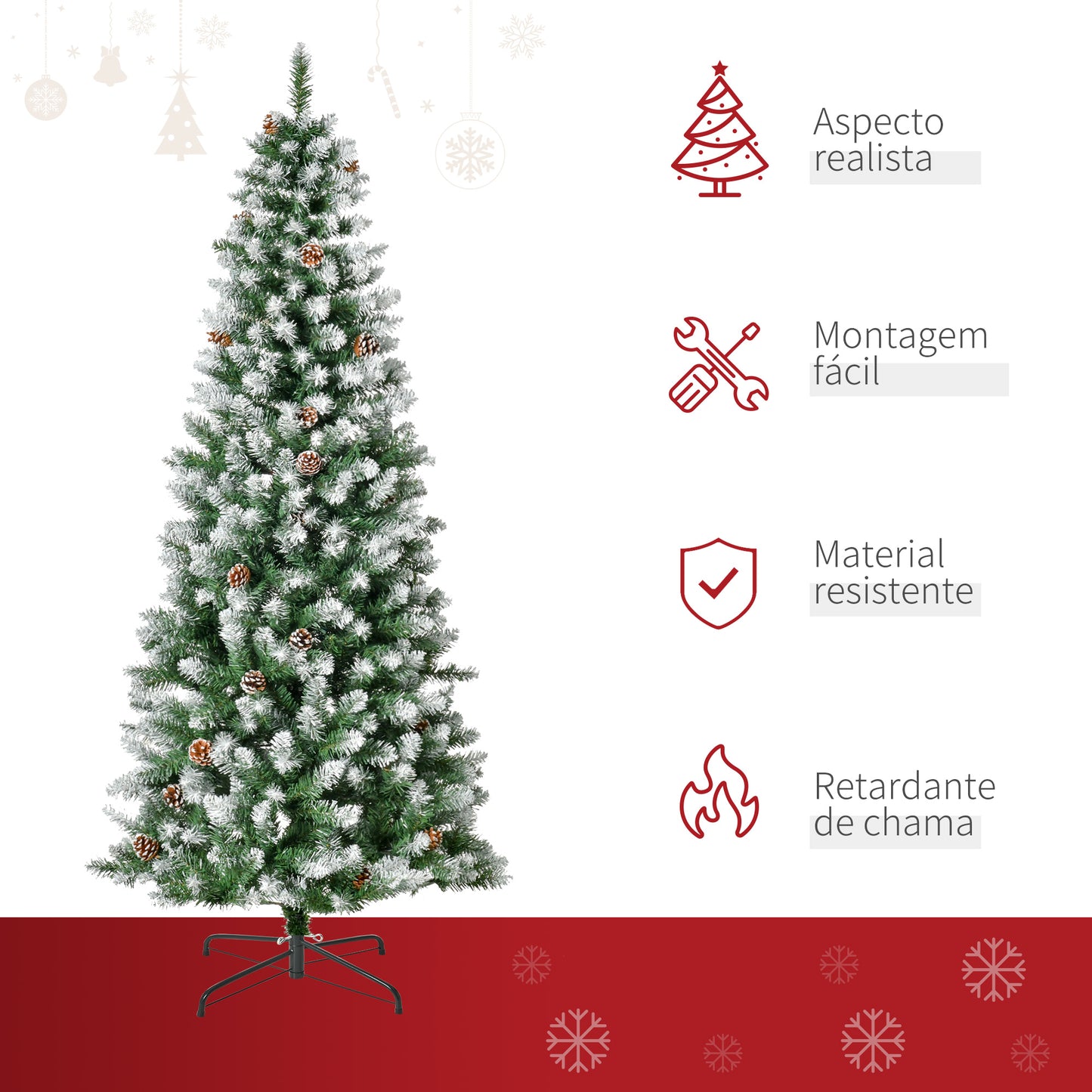 HOMCOM Árvore de Natal Artificial Ø75x180cm com 630 Ramas e 37 Pinhas Folhas de PVC Base Dobrável e Suporte Metálico Decoração de Natal para Interiores Verde