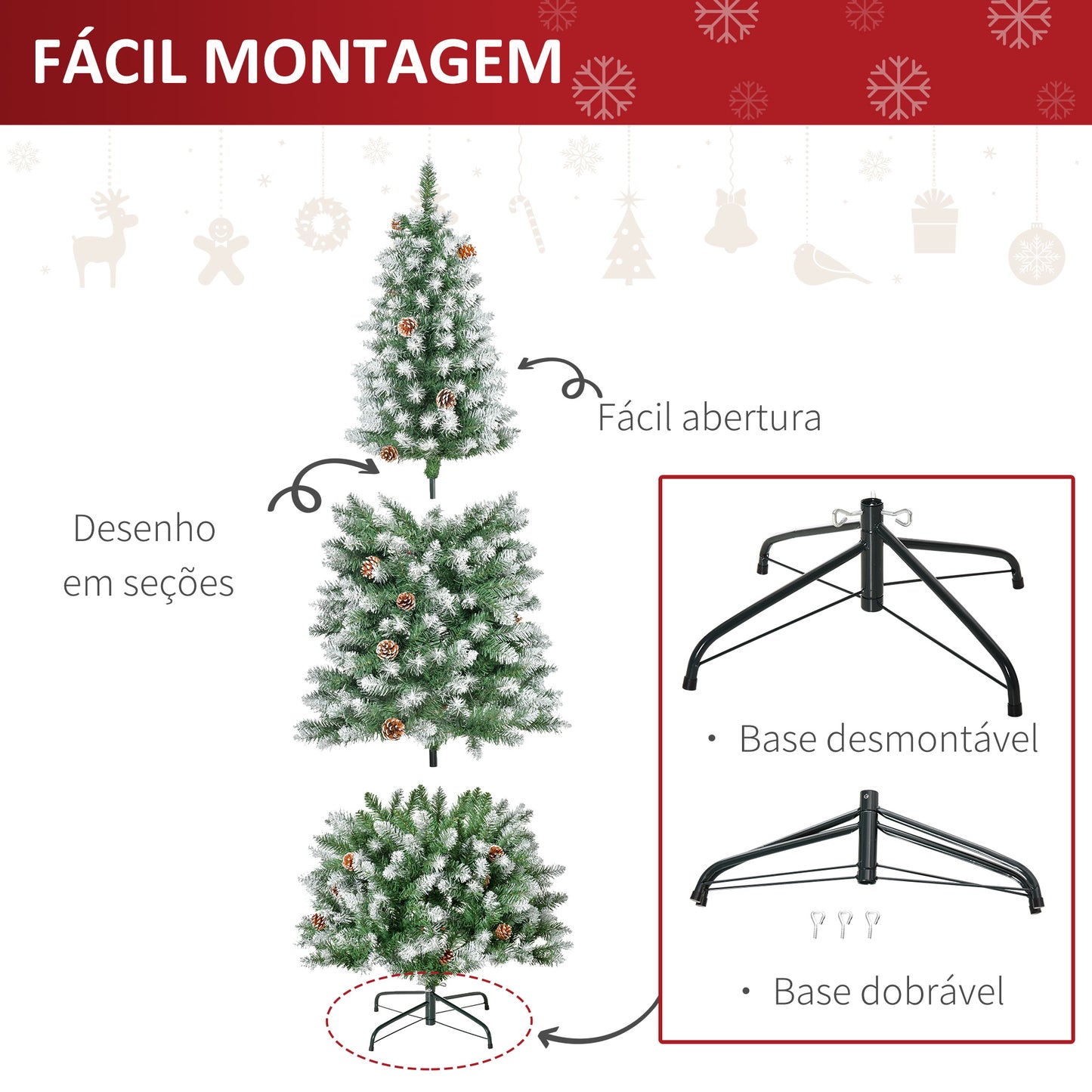 HOMCOM Árvore de Natal Artificial Ø75x180cm com 630 Ramas e 37 Pinhas Folhas de PVC Base Dobrável e Suporte Metálico Decoração de Natal para Interiores Verde