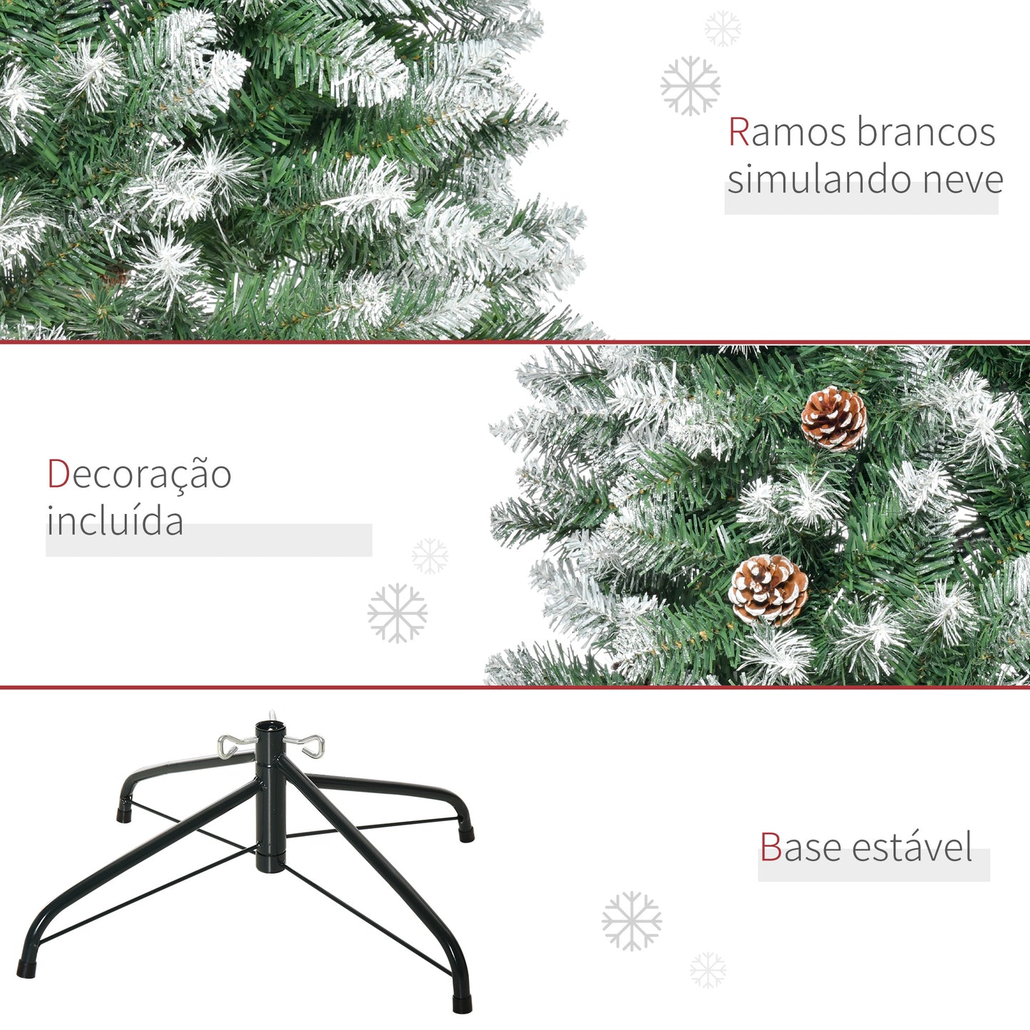 HOMCOM Árvore de Natal Artificial Ø75x180cm com 630 Ramas e 37 Pinhas Folhas de PVC Base Dobrável e Suporte Metálico Decoração de Natal para Interiores Verde