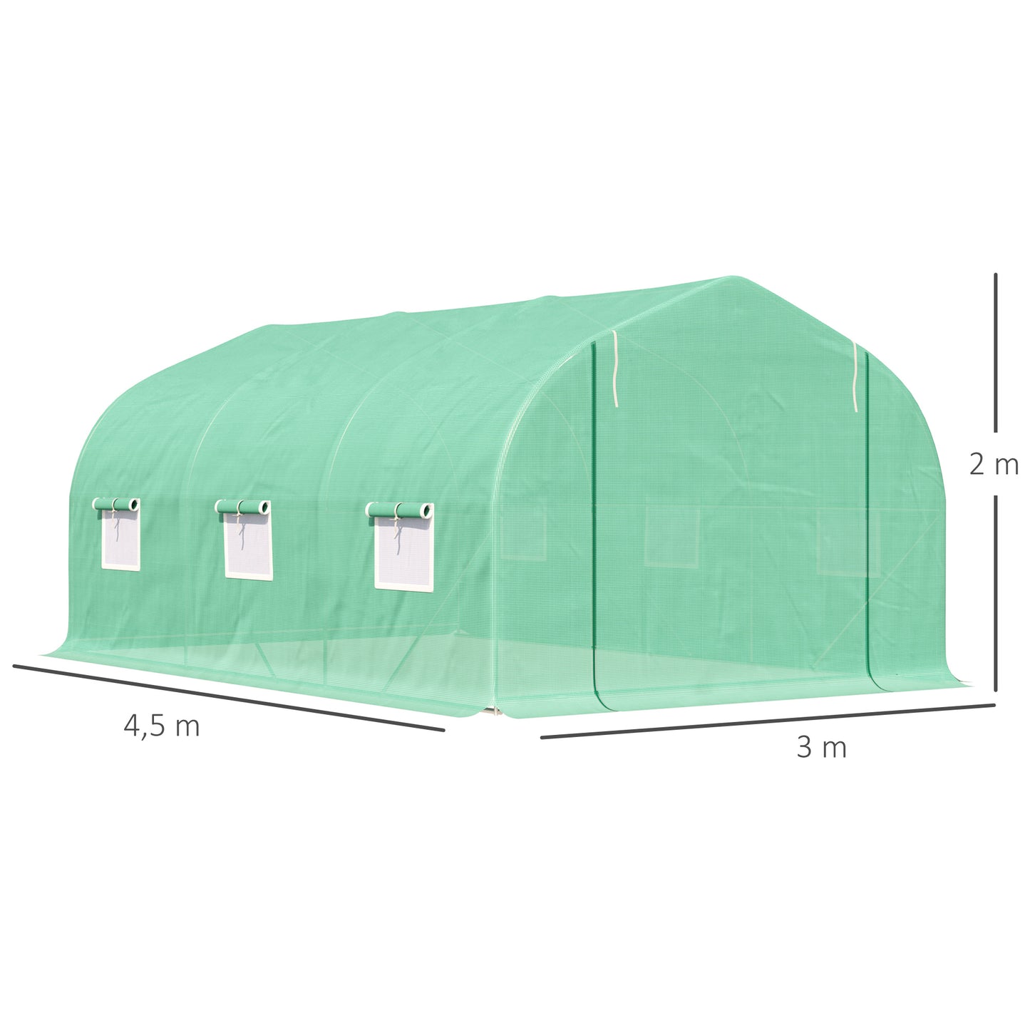 Outsunny Estufa Tipo Túnel 450x300x200 cm Estufa de Jardim com Porta e 6 Janelas Enroláveis Cobertura de PE e Aço para Cultivos de Plantas Flores Verde