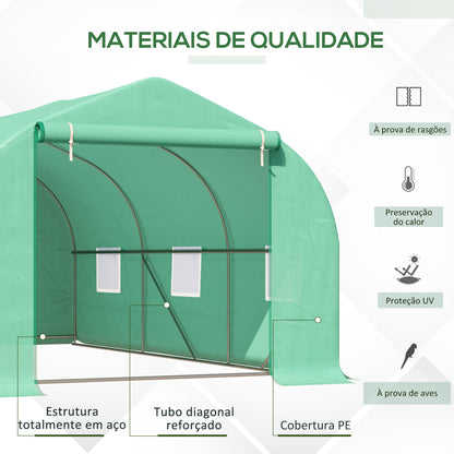 Outsunny Estufa Tipo Túnel 450x300x200 cm Estufa de Jardim com Porta e 6 Janelas Enroláveis Cobertura de PE e Aço para Cultivos de Plantas Flores Verde