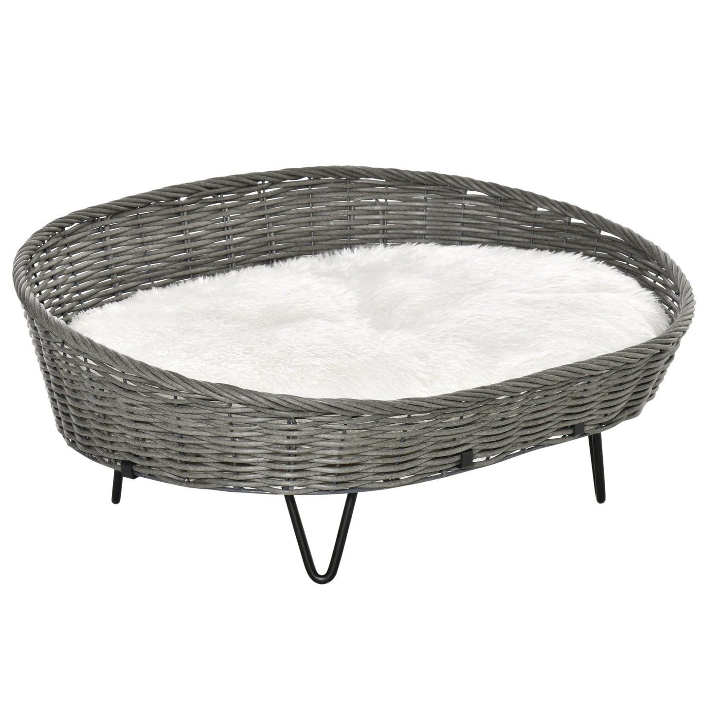 PawHut Cama para Cães e Gatos de Vime Cama de Vime para Animais de Estimação Médios e Pequenos com Almofada Lavável e Pés Elevados 76x59x32cm Cinza