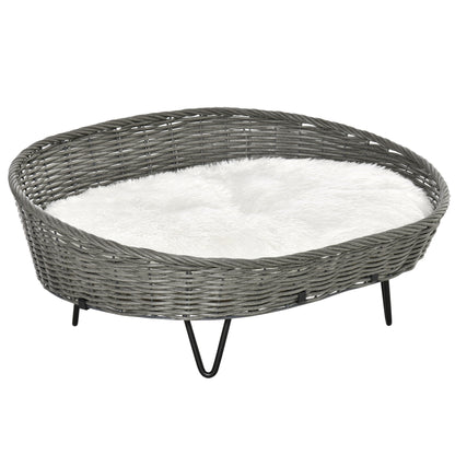 PawHut Cama para Cães e Gatos de Vime Cama de Vime para Animais de Estimação Médios e Pequenos com Almofada Lavável e Pés Elevados 76x59x32cm Cinza