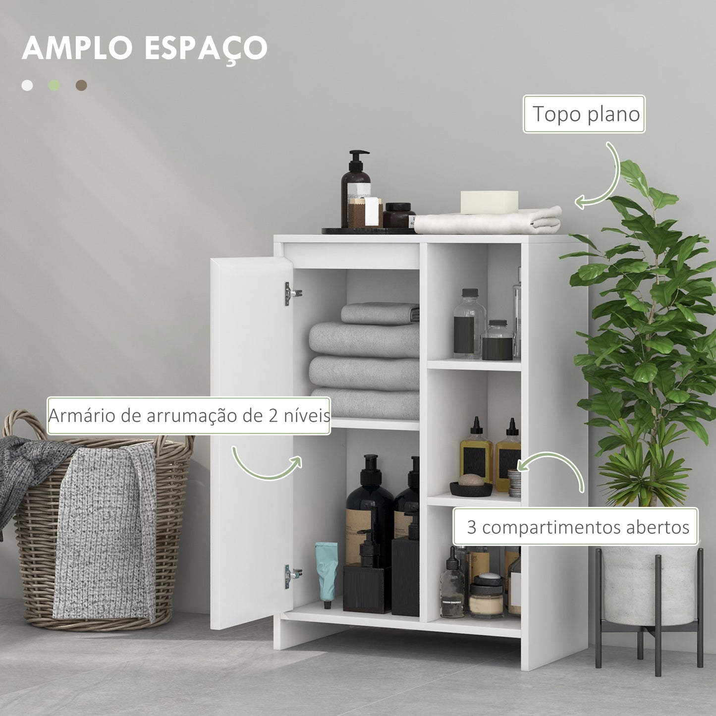 HOMCOM Móvel Auxiliar de Casa de Banho Armário Casa de Banho com Prateleiras Abertas Porta e Prateleira Ajustável para Sala de Estar Dormitório 53x30x80 cm Branco