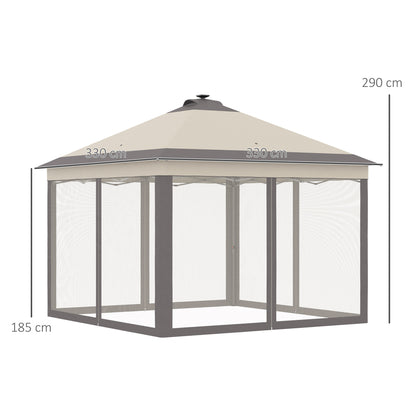 Outsunny Tenda Dobrável Exterior 3,3x3,3x2,9 m com Luzes LED e Controle Remoto Tenda de Jardim com 4 Mosquiteiras Removíveis e Bolsa de Transporte para Acampamento Festas Bege