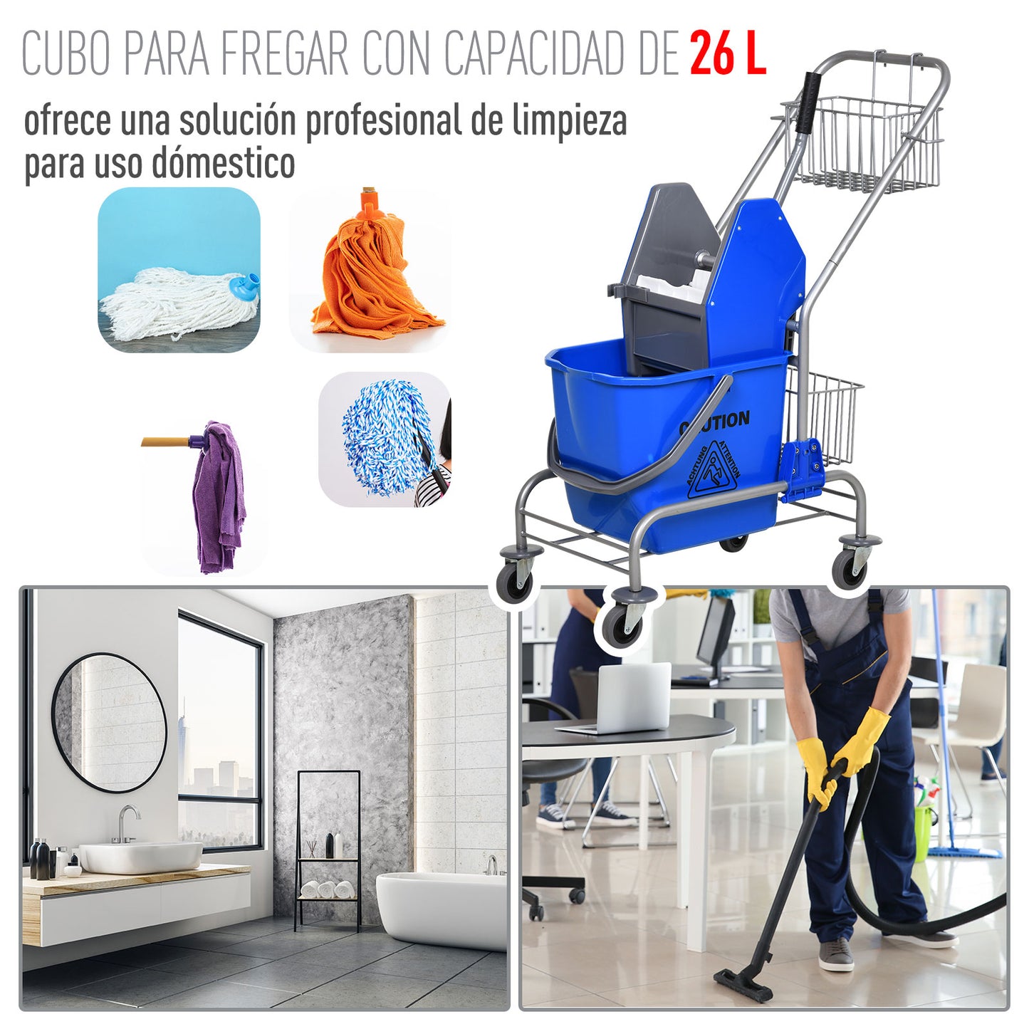 Balde de esfregão Balde de lavagem comercial com escorredor de baixa pressão Rodas e cestas de armazenamento Capacidade 26L 73x45x95cm Azul